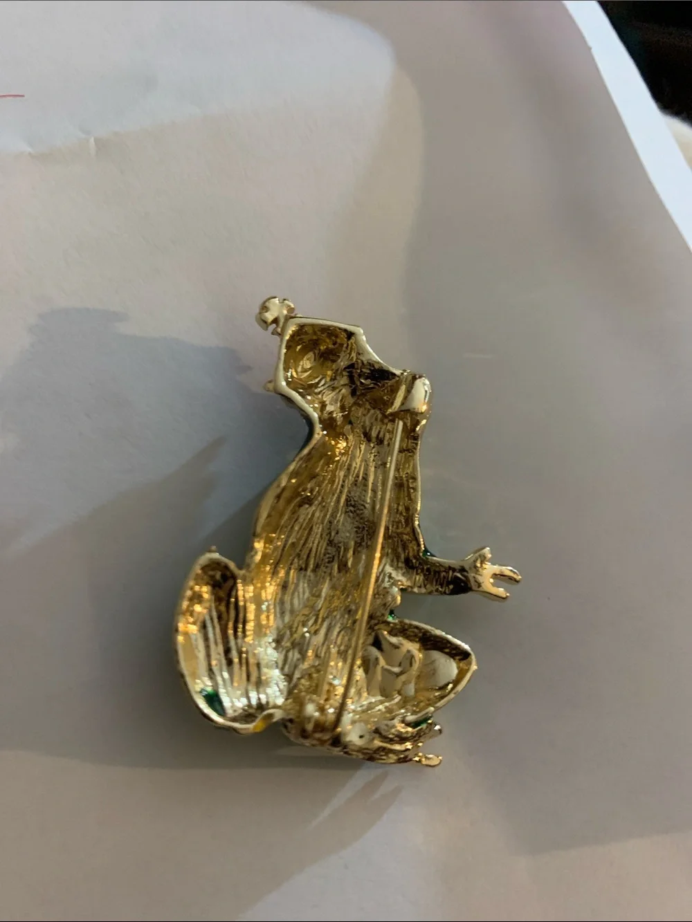 Green Enamel Prince Frog Brooch with Red Crown -